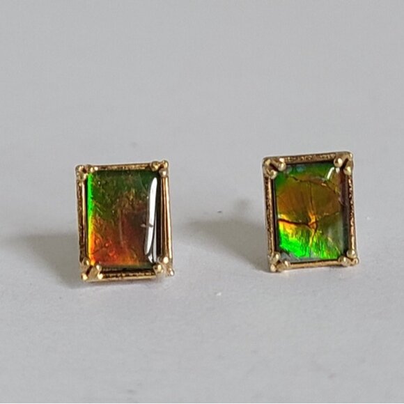Gems En Vogue Palladium Silver Gold Plate Ammolite Gemstone Square Stud Earrings - Picture 5 of 14